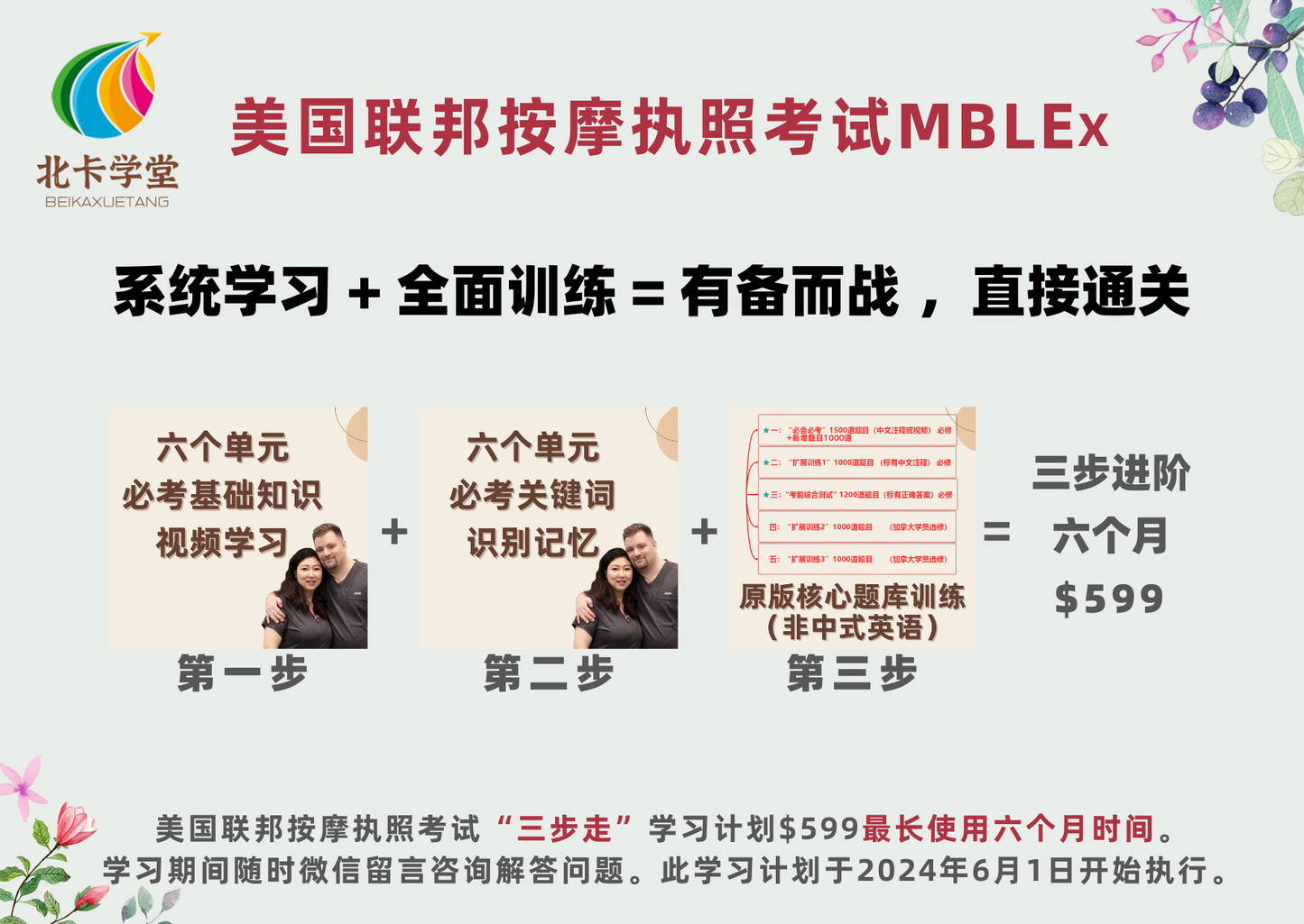 《北卡学堂》三步进阶版$599半年有效期学习训练-美国联邦按摩执照考试MBLEx