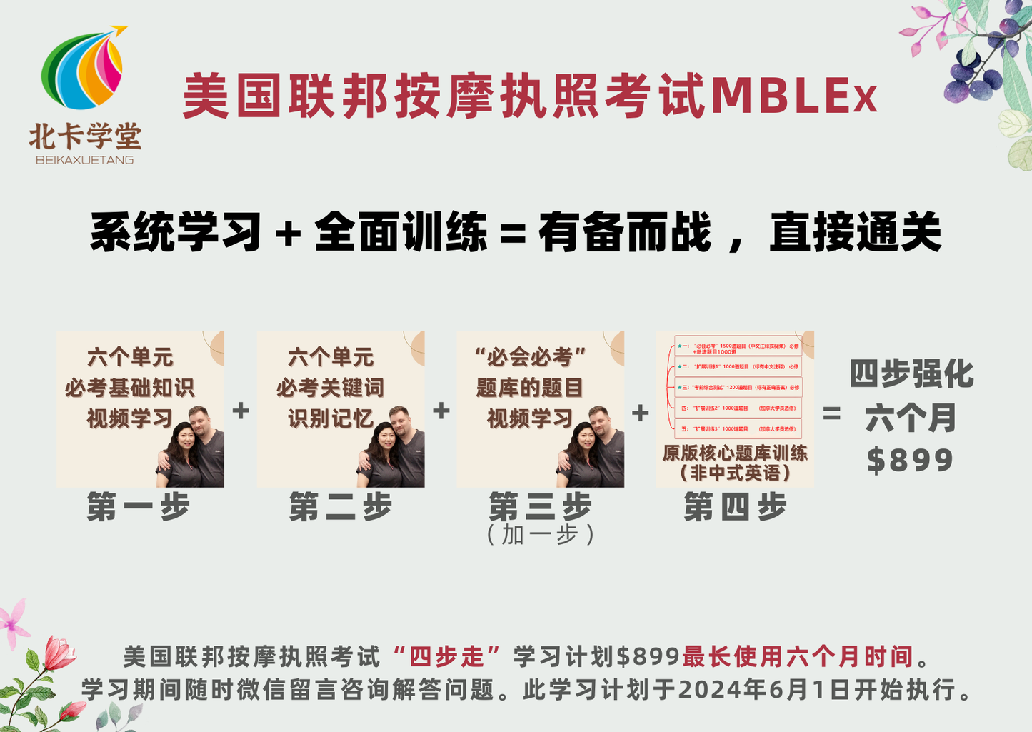 《北卡学堂》四步强化版$899半年有效期学习训练-美国联邦按摩执照考试MBLEx