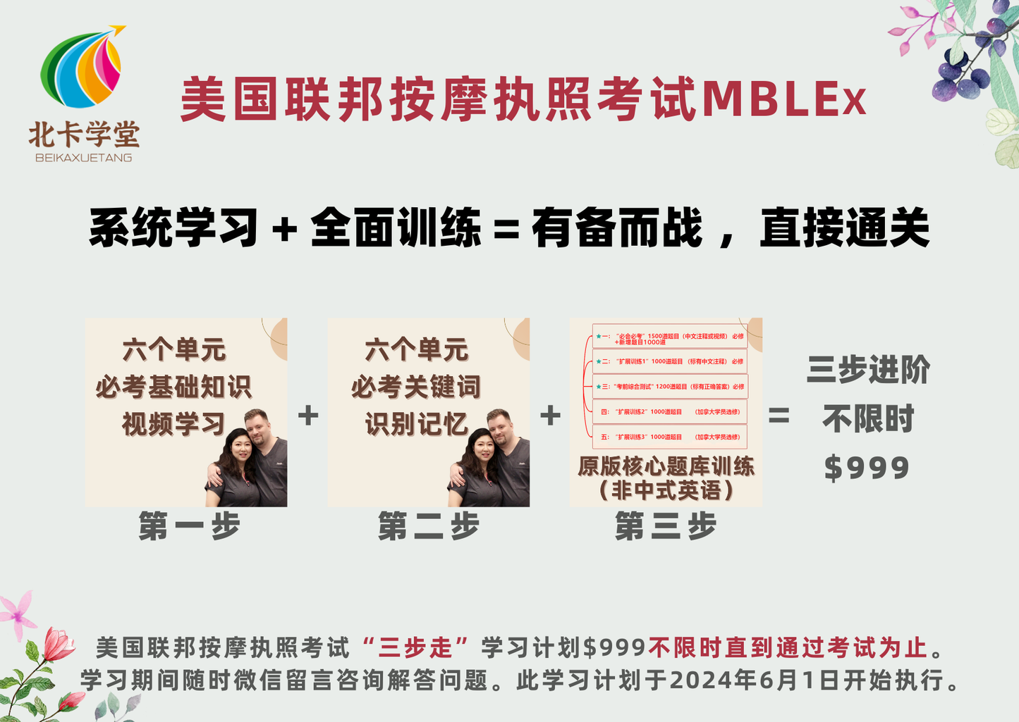 《北卡学堂》三步进阶版$999不限时学习训练-美国联邦按摩执照考试MBLEx